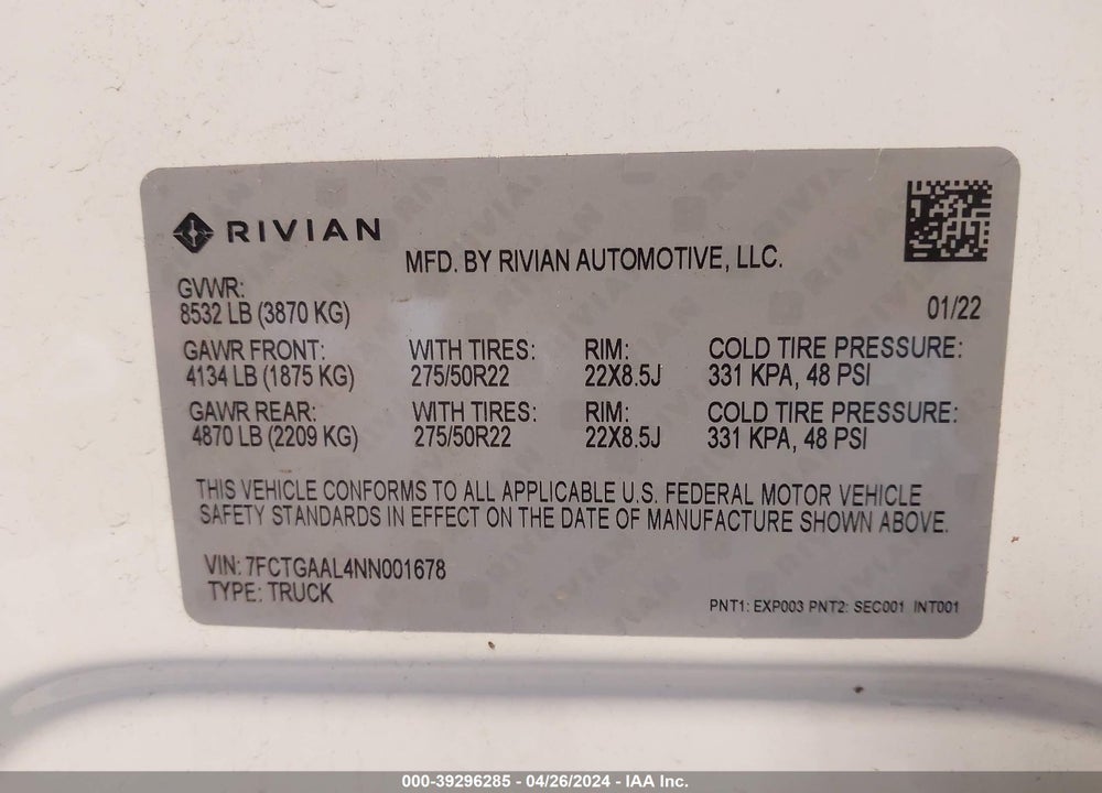 2022 RIVIAN R1T LAUNCH EDITION VIN: 7FCTGAAL4NN001678
