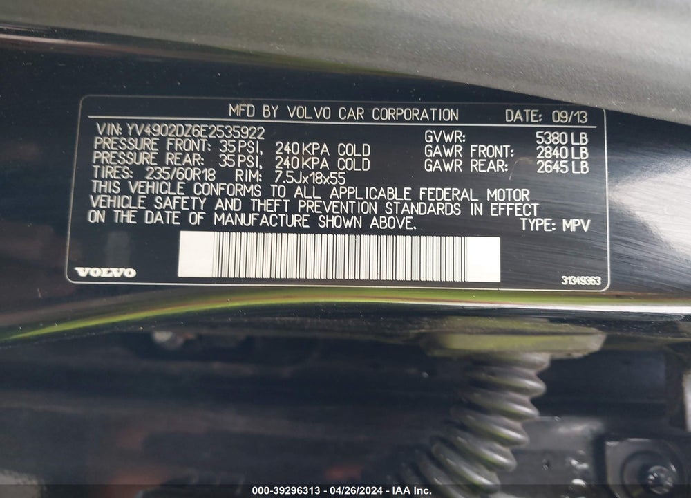 2014 VOLVO XC60 T6/T6 PLATINUM/T6 PREMIER PLUS/T6 R-DESIGN/T6 R-DESIGN PLATINUM/T6 R-DESIGN PREMIER PLUS VIN: YV4902DZ6E2535922