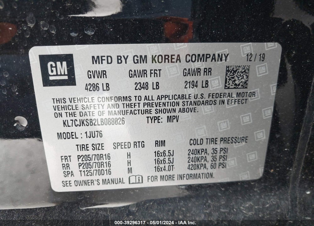 2020 CHEVROLET TRAX FWD LS VIN: KL7CJKSB2LB088026