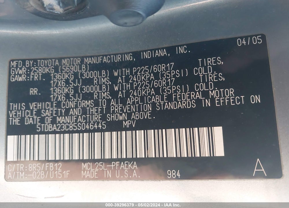 2005 TOYOTA SIENNA LE VIN: 5TDBA23C85S046445