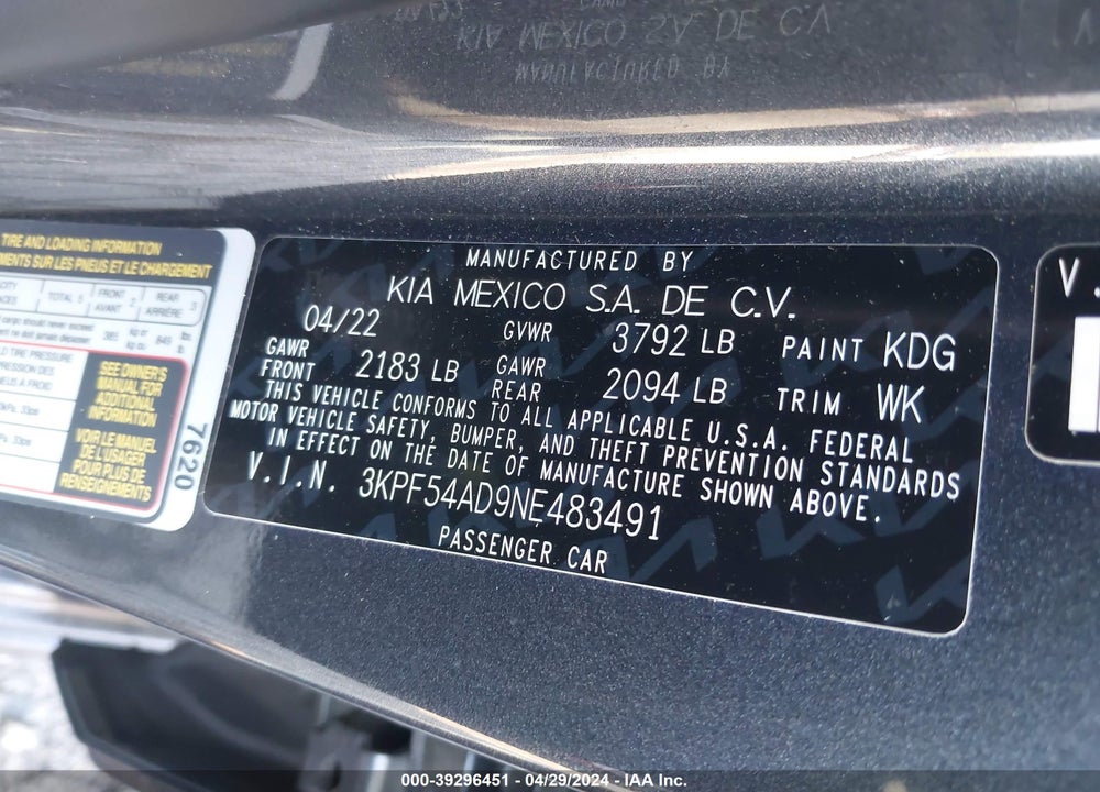 2022 KIA FORTE GT LINE VIN: 3KPF54AD9NE483491