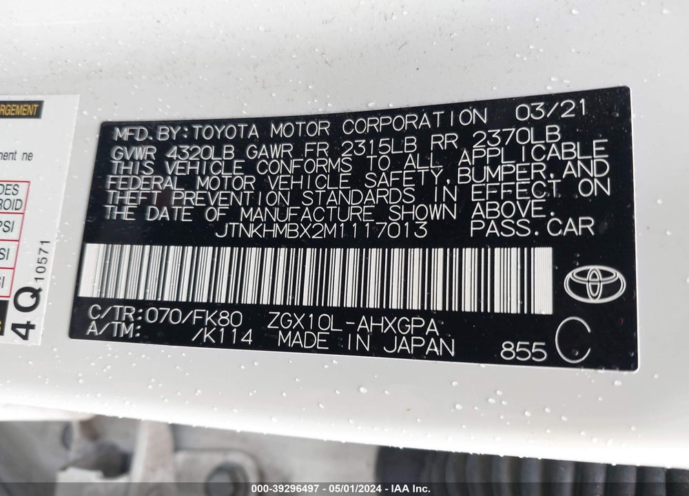 2021 TOYOTA C-HR XLE VIN: JTNKHMBX2M1117013