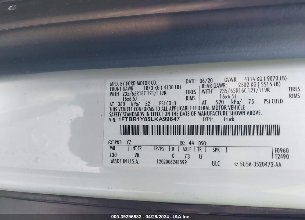 2020 FORD TRANSIT-250 CARGO VAN VIN: 1FTBR1Y85LKA99647