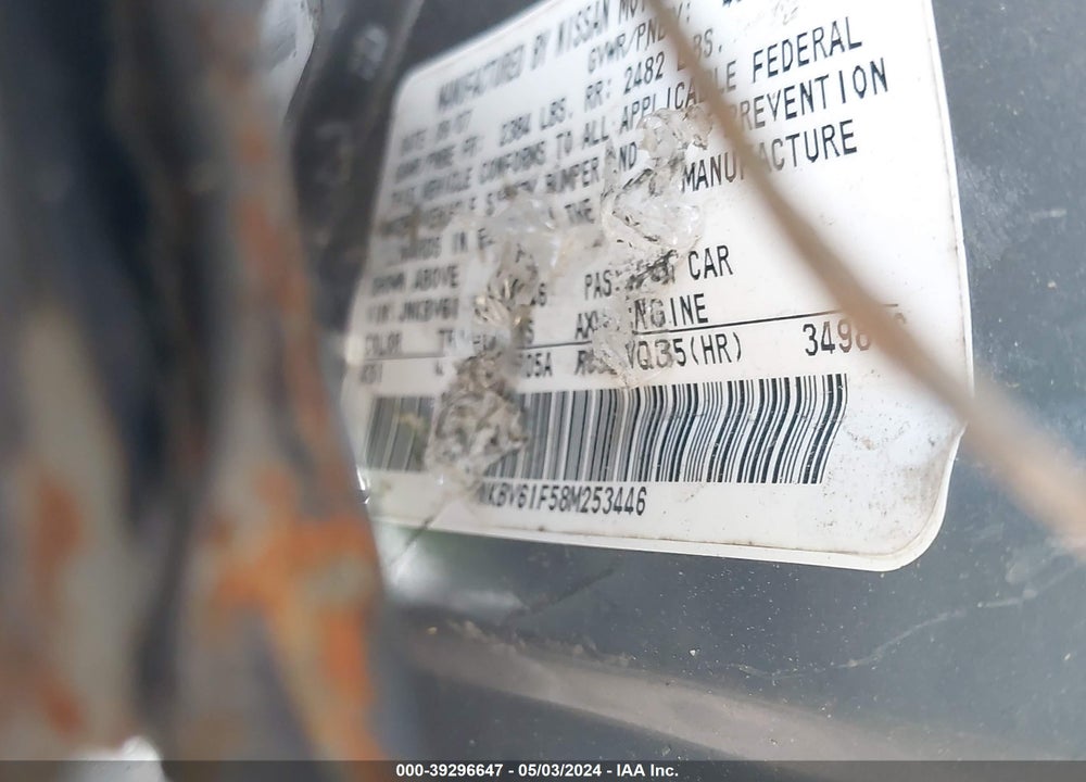 2008 INFINITI G35X VIN: JNKBV61F58M253446