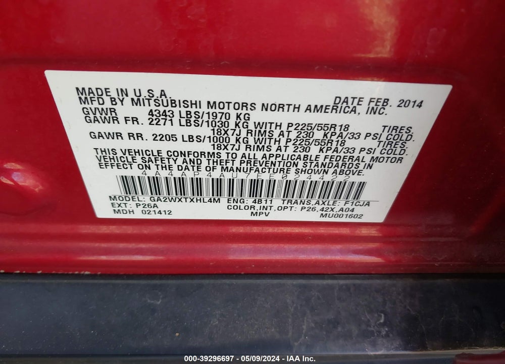 2014 MITSUBISHI OUTLANDER SPORT VIN: 4A4AP4AU7EE024422