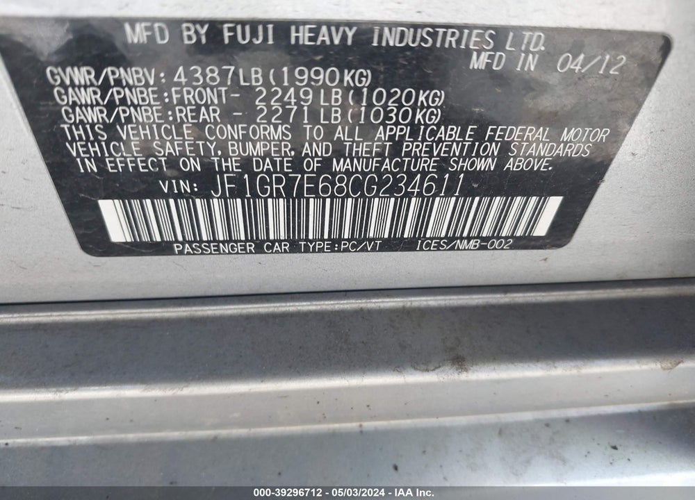 2012 SUBARU IMPREZA WRX PREMIUM VIN: JF1GR7E68CG234611