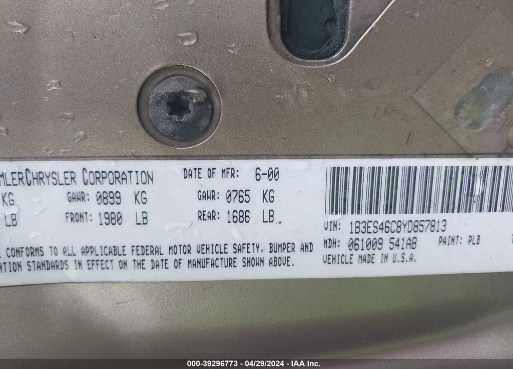 2000 DODGE NEON HIGHLINE VIN: 1B3ES46C8YD857813
