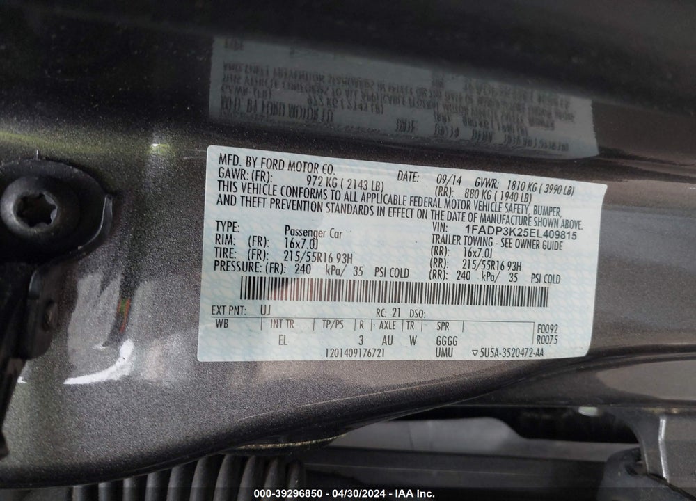 2014 FORD FOCUS SE VIN: 1FADP3K25EL409815