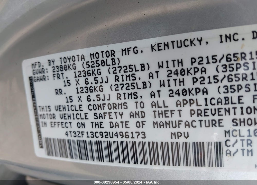 2002 TOYOTA SIENNA LE VIN: 4T3ZF13C92U496173