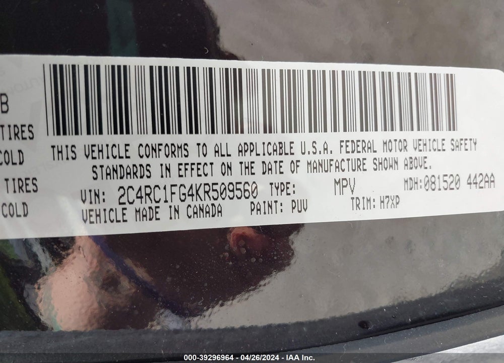 2019 CHRYSLER PACIFICA TOURING PLUS VIN: 2C4RC1FG4KR509560