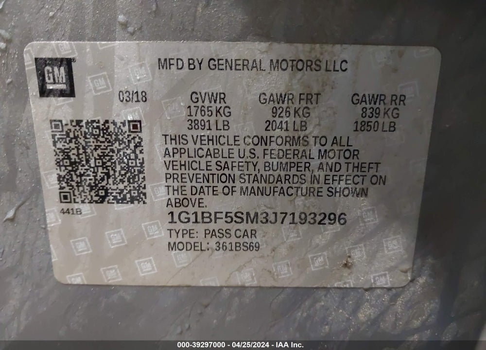 2018 CHEVROLET CRUZE PREMIER AUTO VIN: 1G1BF5SM3J7193296