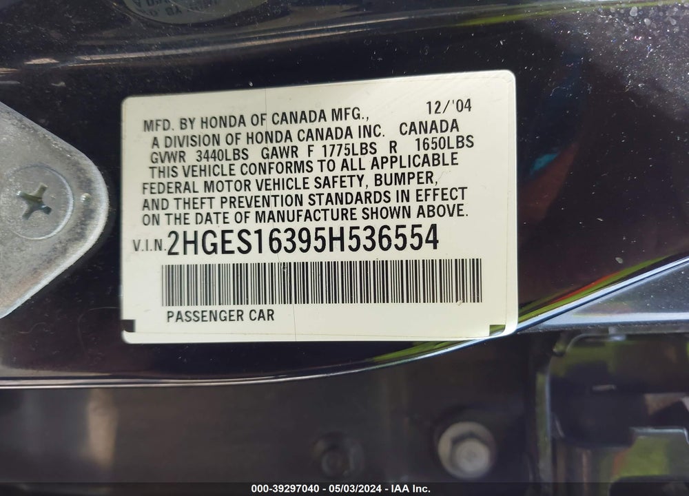 2005 HONDA CIVIC VP VIN: 2HGES16395H536554