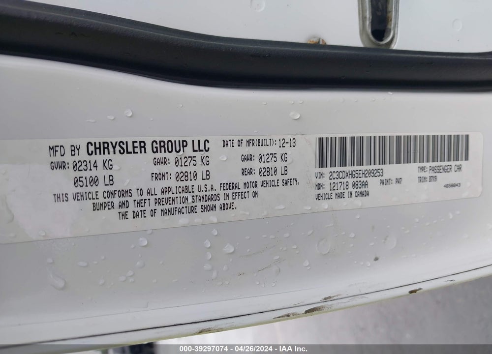 2014 DODGE CHARGER SXT VIN: 2C3CDXHG5EH209253