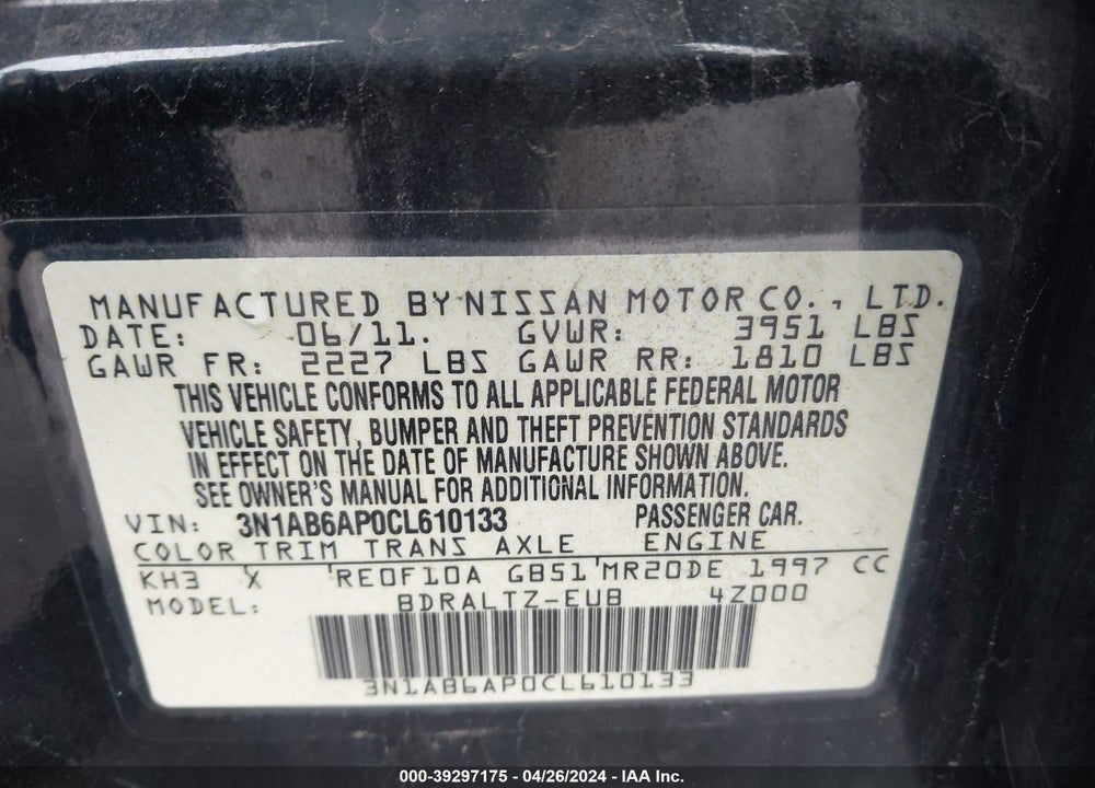 2012 NISSAN SENTRA 2.0 S VIN: 3N1AB6AP0CL610133