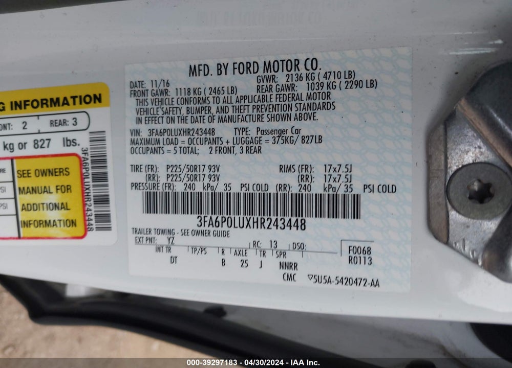2017 FORD FUSION HYBRID SE VIN: 3FA6P0LUXHR243448