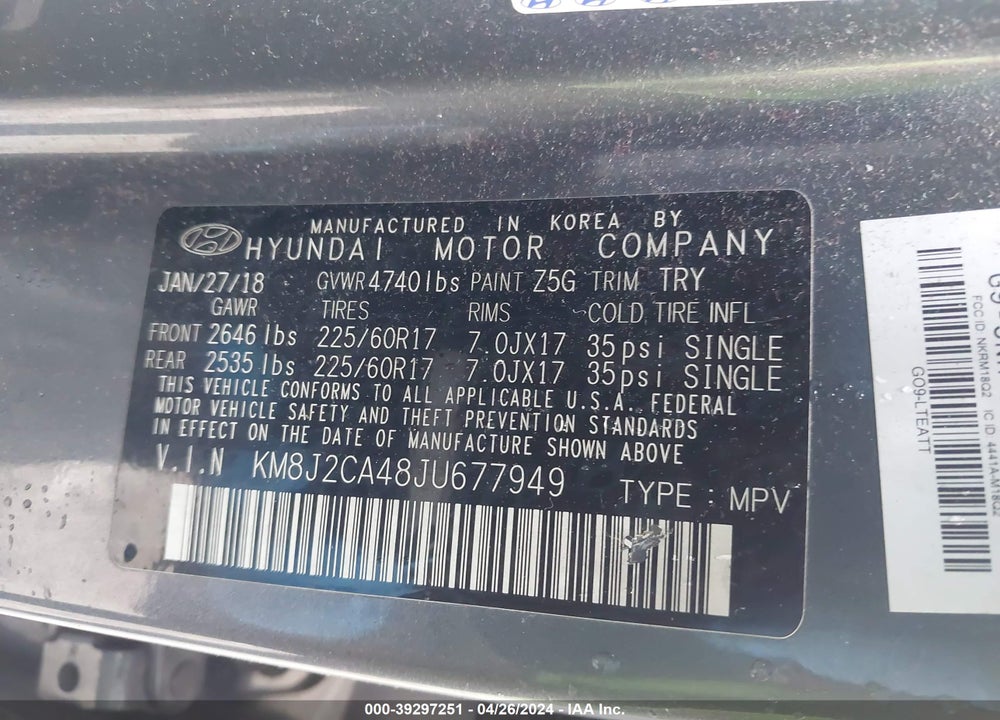 2018 HYUNDAI TUCSON SE VIN: KM8J2CA48JU677949