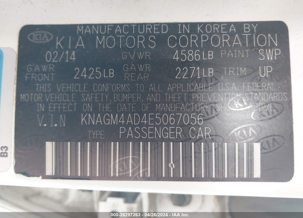 2014 KIA OPTIMA HYBRID LX VIN: KNAGM4AD4E5067056