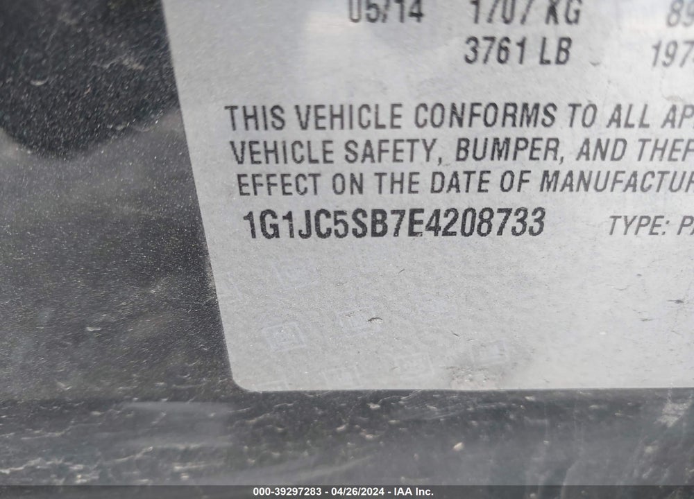 2014 CHEVROLET SONIC LT AUTO VIN: 1G1JC5SB7E4208733