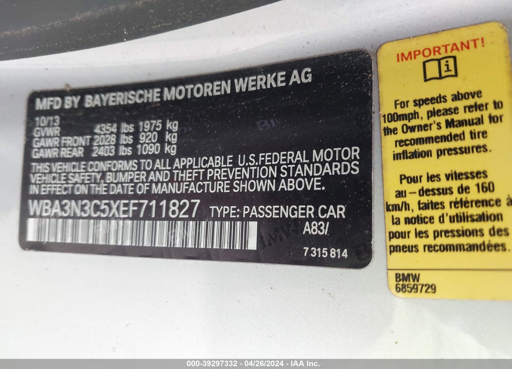 2014 BMW 428I VIN: WBA3N3C5XEF711827