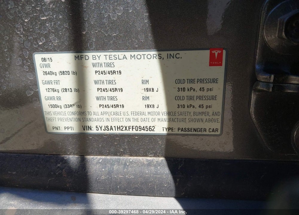 2015 TESLA MODEL S 70D/85D/P85D VIN: 5YJSA1H2XFF094562