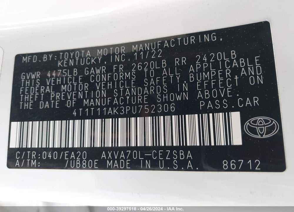 2023 TOYOTA CAMRY SE VIN: 4T1T11AK3PU752306