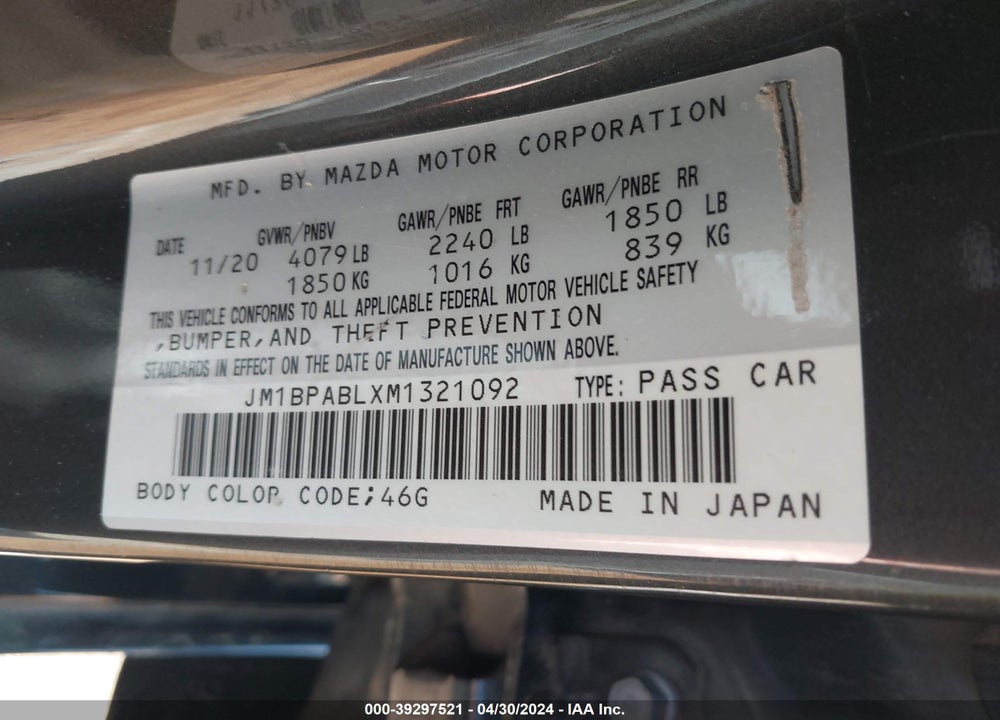 2021 MAZDA 3 SELECT VIN: JM1BPABLXM1321092