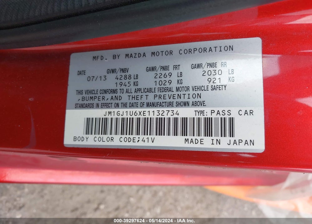 2014 MAZDA 6 I SPORT VIN: JM1GJ1U6XE1132734