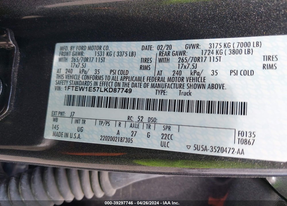 2020 FORD F-150 XLT VIN: 1FTEW1E57LKD87749