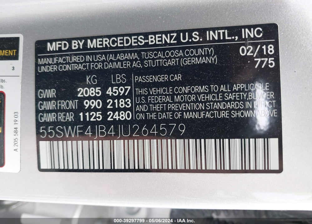 2018 MERCEDES-BENZ C 300 VIN: 55SWF4JB4JU264579
