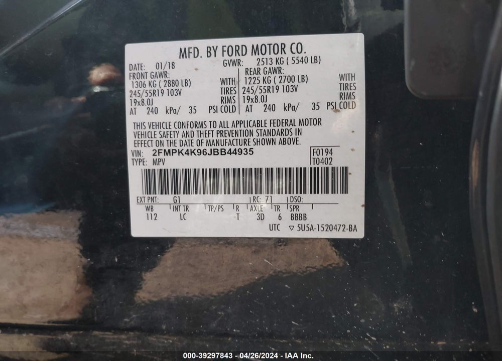 2018 FORD EDGE TITANIUM VIN: 2FMPK4K96JBB44935