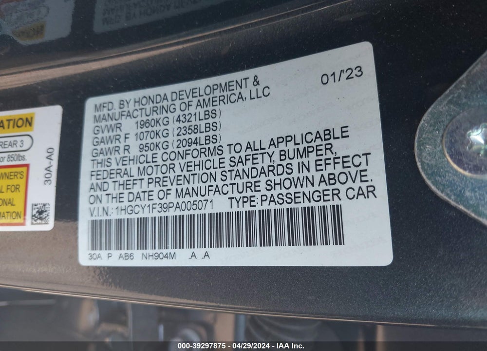 2023 HONDA ACCORD EX VIN: 1HGCY1F39PA005071
