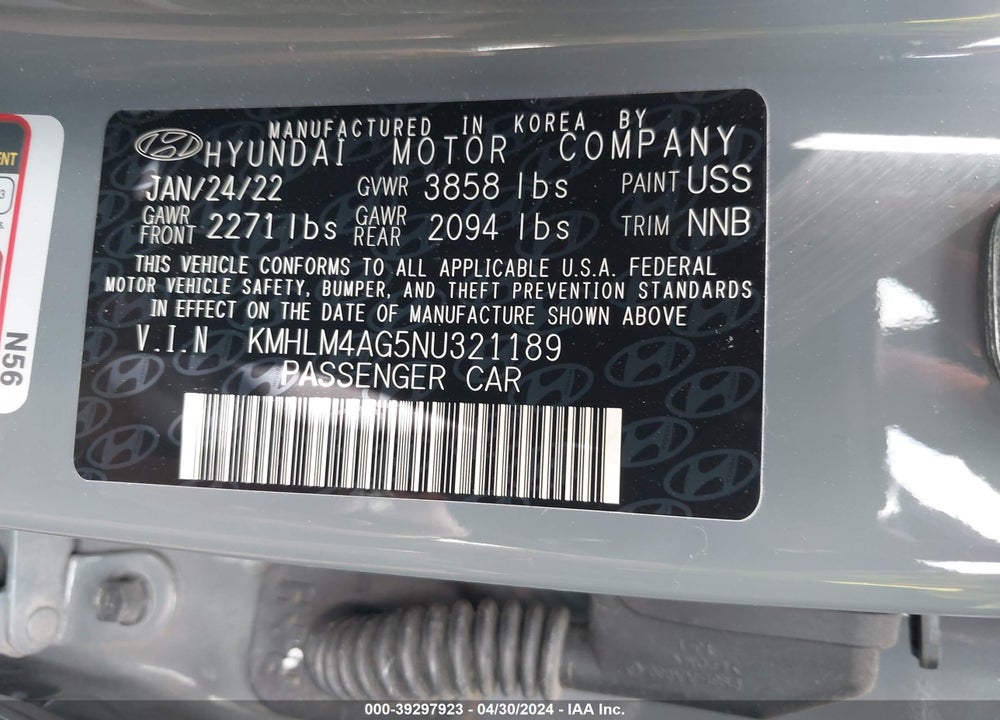2022 HYUNDAI ELANTRA SEL VIN: KMHLM4AG5NU321189