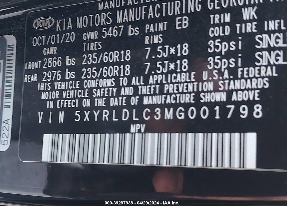 2021 KIA SORENTO S VIN: 5XYRLDLC3MG001798