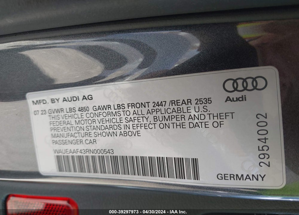 2024 AUDI A4 PREMIUM PLUS 45 TFSI S LINE QUATTRO S TRONIC VIN: WAUEAAF43RN000543