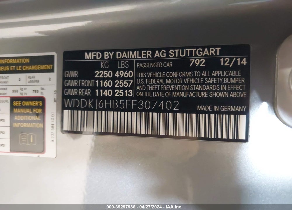 2015 MERCEDES-BENZ E 400 4MATIC VIN: WDDKJ6HB5FF307402