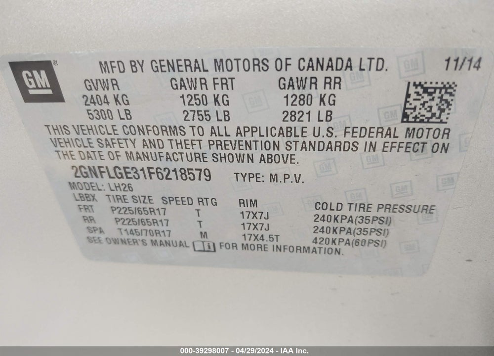 2015 CHEVROLET EQUINOX 2LT VIN: 2GNFLGE31F6218579