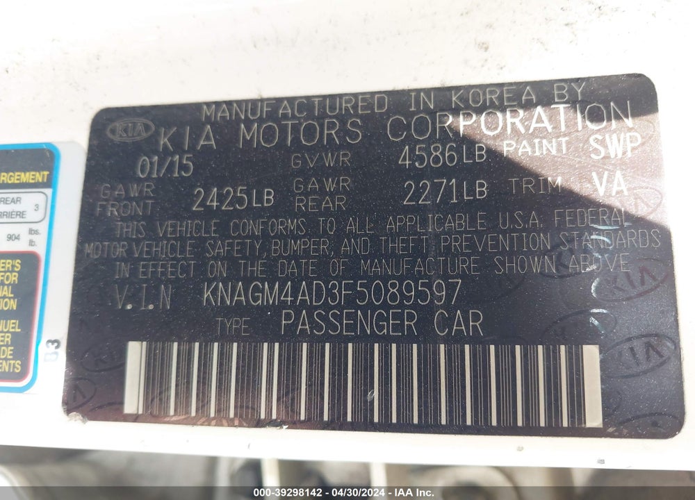 2015 KIA OPTIMA HYBRID VIN: KNAGM4AD3F5089597