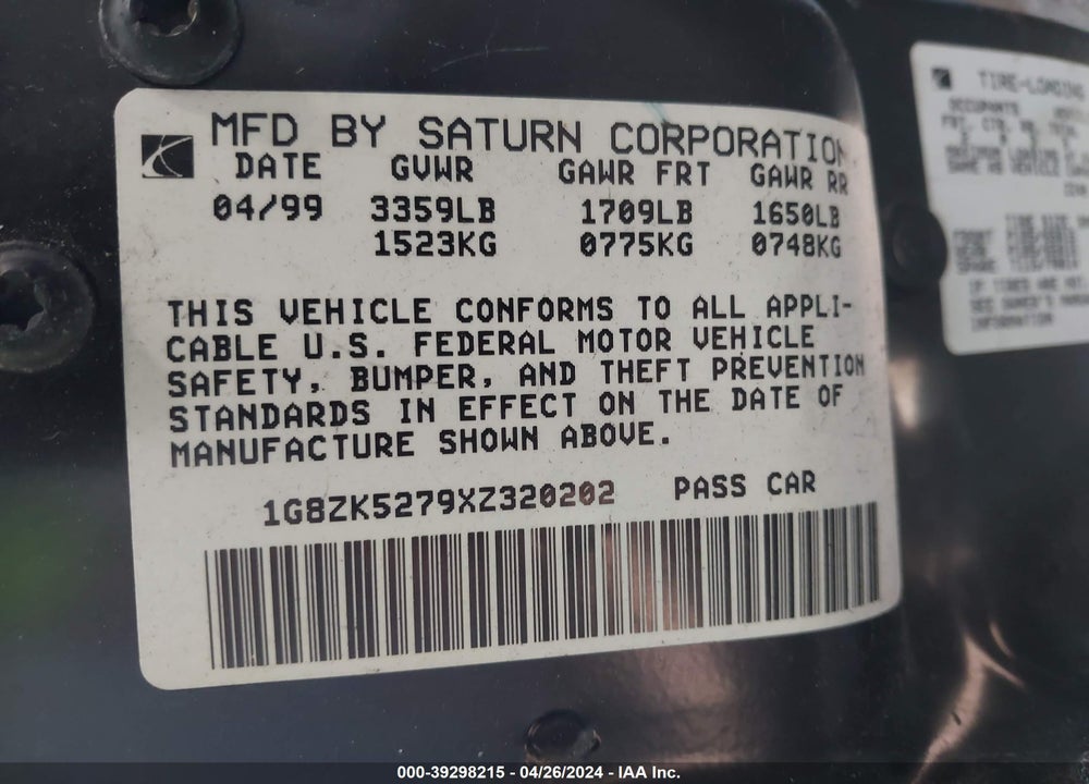 1999 SATURN SL2 VIN: 1G8ZK5279XZ320202