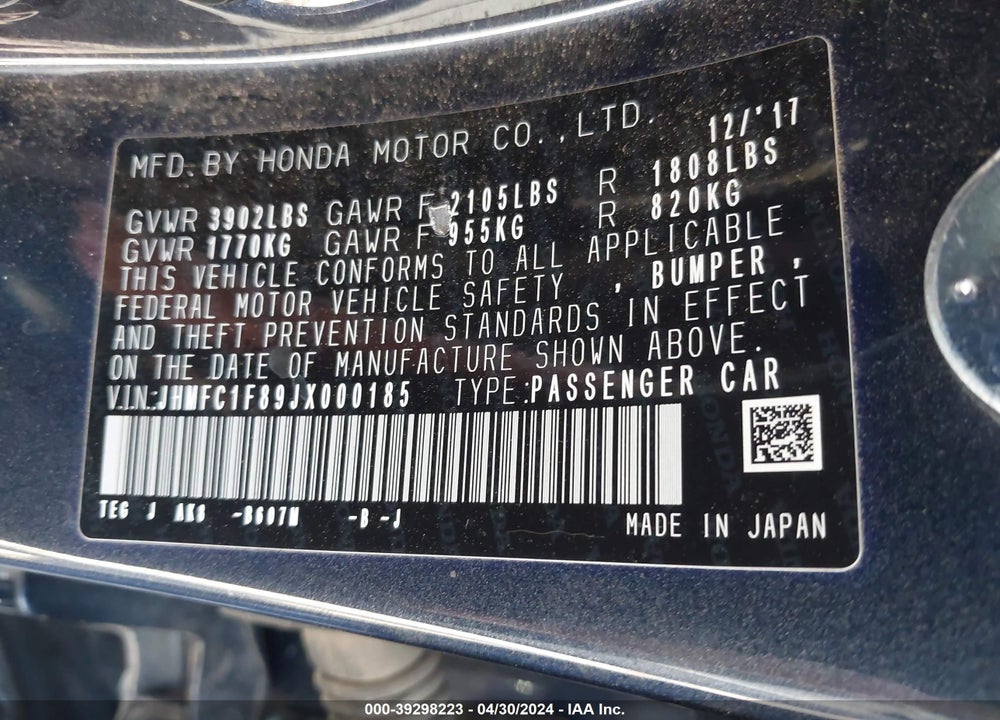2018 HONDA CIVIC EX-L VIN: JHMFC1F89JX000185