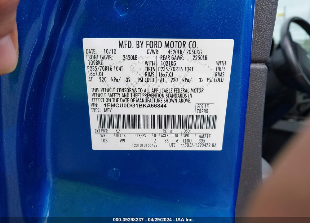2011 FORD ESCAPE XLT VIN: 1FMCU0DG1BKA66844