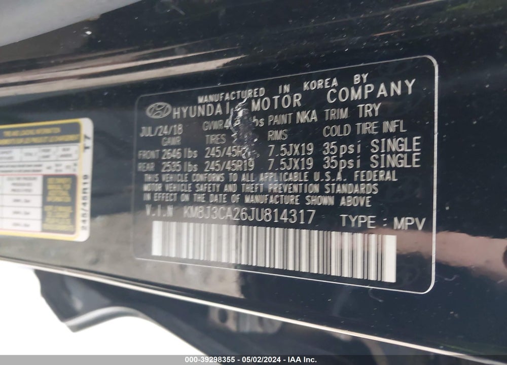 2018 HYUNDAI TUCSON VALUE VIN: KM8J3CA26JU814317