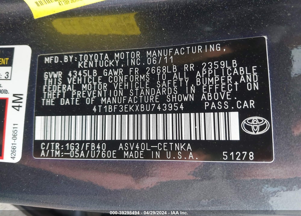 2011 TOYOTA CAMRY LE VIN: 4T1BF3EKXBU743954