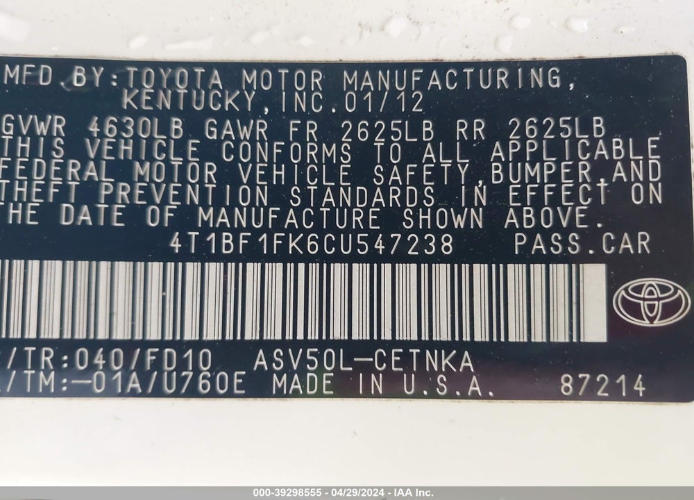 2012 TOYOTA CAMRY LE VIN: 4T1BF1FK6CU547238