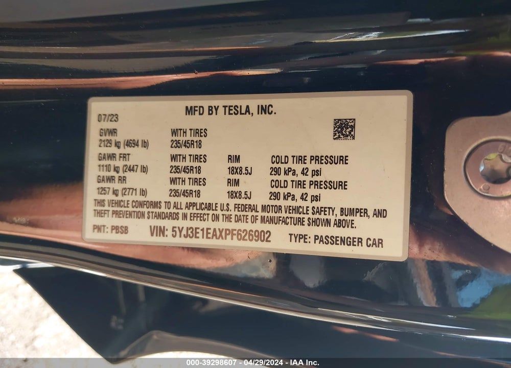 2023 TESLA MODEL 3 VIN: 5YJ3E1EAXPF626902