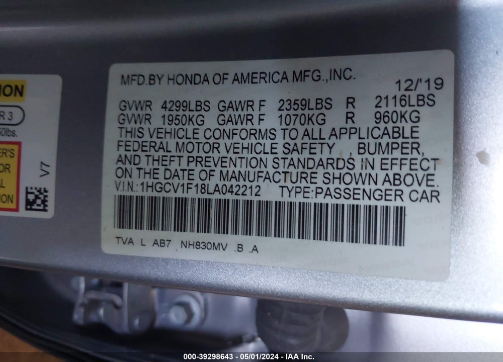 2020 HONDA ACCORD LX VIN: 1HGCV1F18LA042212