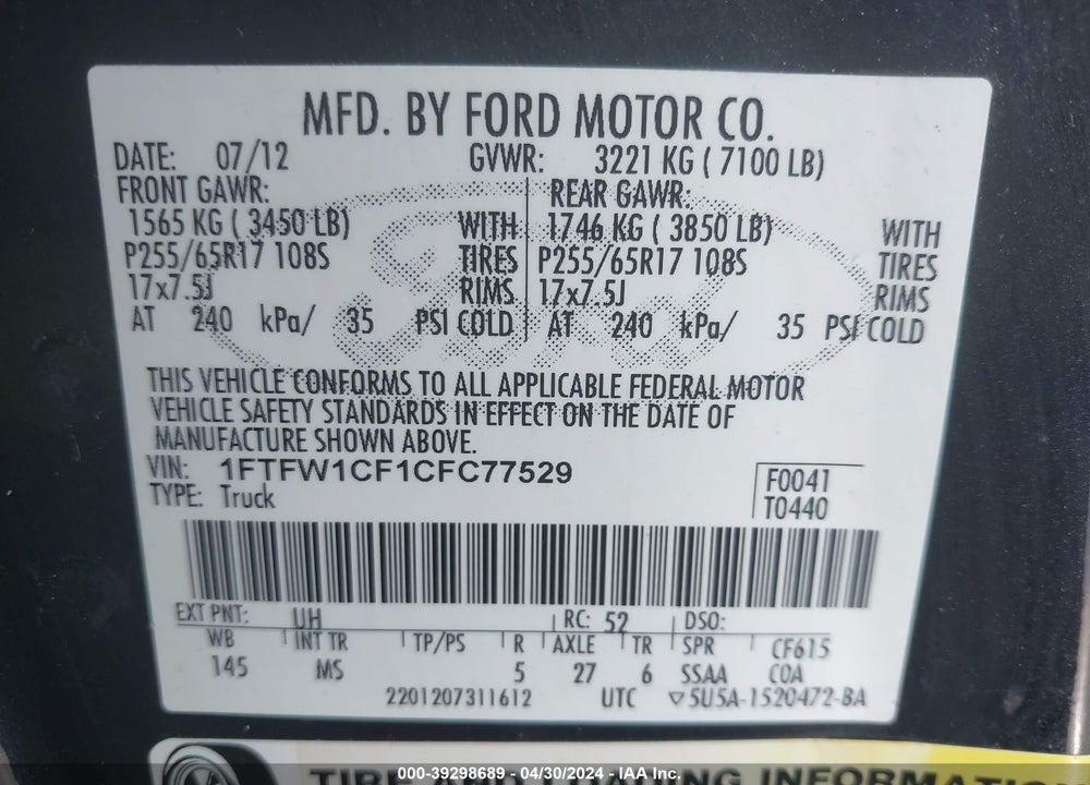 2012 FORD F-150 XLT VIN: 1FTFW1CF1CFC77529