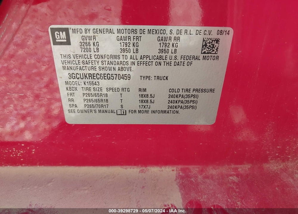 2014 CHEVROLET SILVERADO 1500 1LT VIN: 3GCUKREC6EG570459