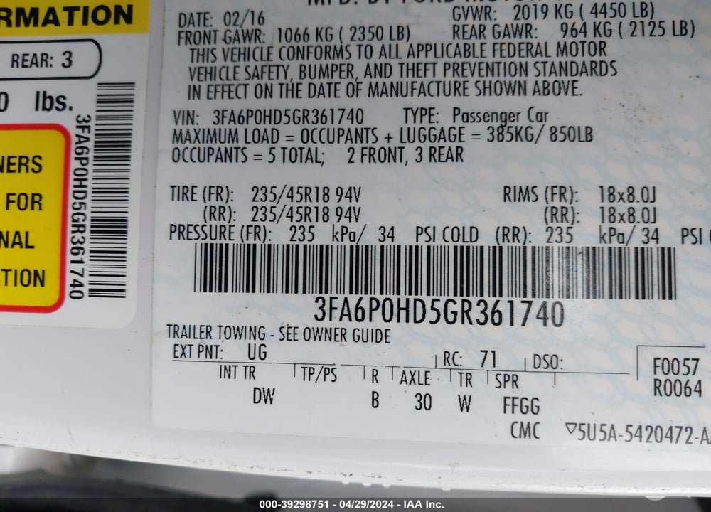 2016 FORD FUSION SE VIN: 3FA6P0HD5GR361740