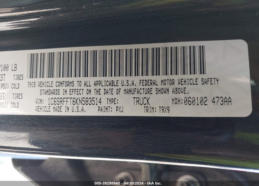 2019 RAM 1500 BIG HORN/LONE STAR VIN: 1C6SRFFT6KN583514