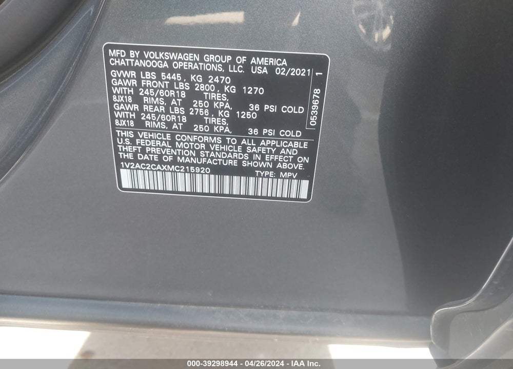 2021 VOLKSWAGEN ATLAS CROSS SPORT 2.0T S VIN: 1V2AC2CAXMC215920